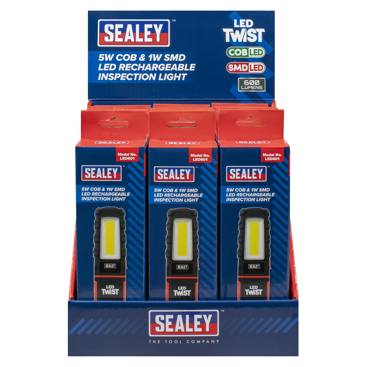 Sealey LED Twist Rechargeable Inspection Light 5W COB & 1W 12 Pieces LED601DB