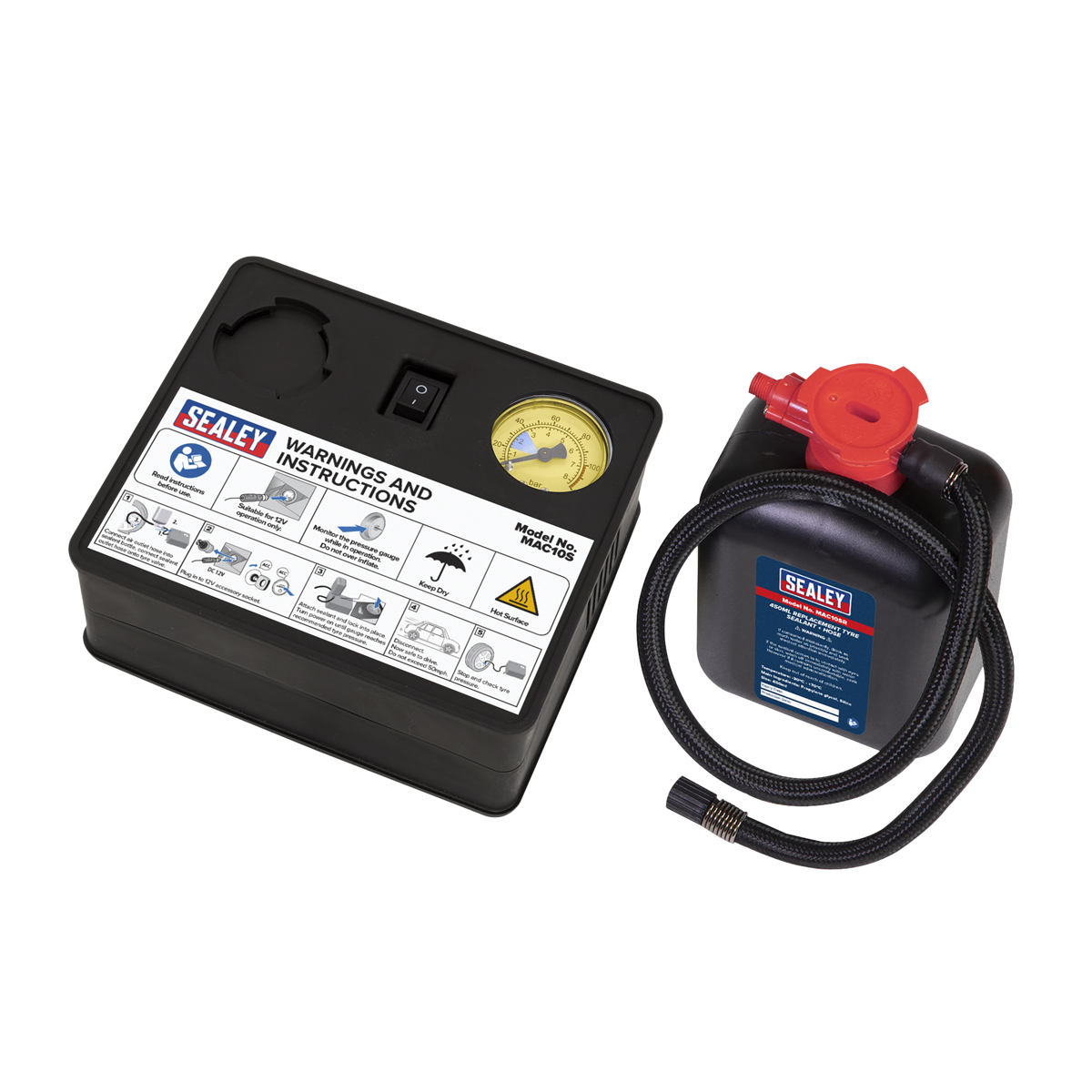 Sealey Tyre Inflator 12V + Emergency Puncture Sealant Kit 100PSI MAC10S