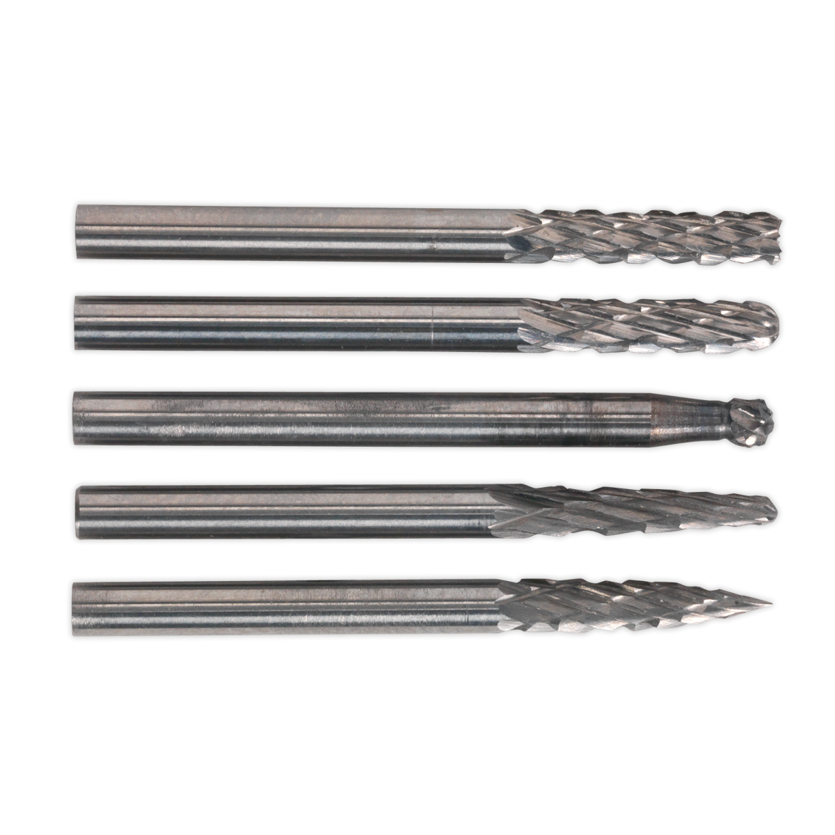 Sealey Micro Tungsten Carbide Burr Set Plastic Storage Box 5pc MCBSET01