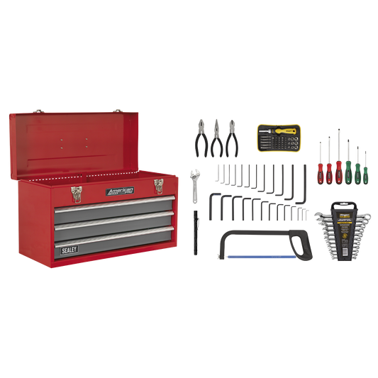 Sealey Portable Tool Chest With 3 Drawers 74 Pieces Tool Kit Red AP9243BBCOMBO