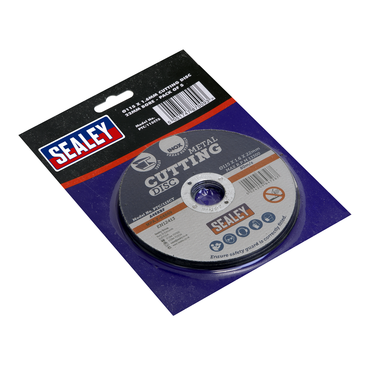 Sealey General Purpose Cutting Disc Ø115 x 1.6mm Ø22 mm Bore x5 Pcs PTC/115CT5