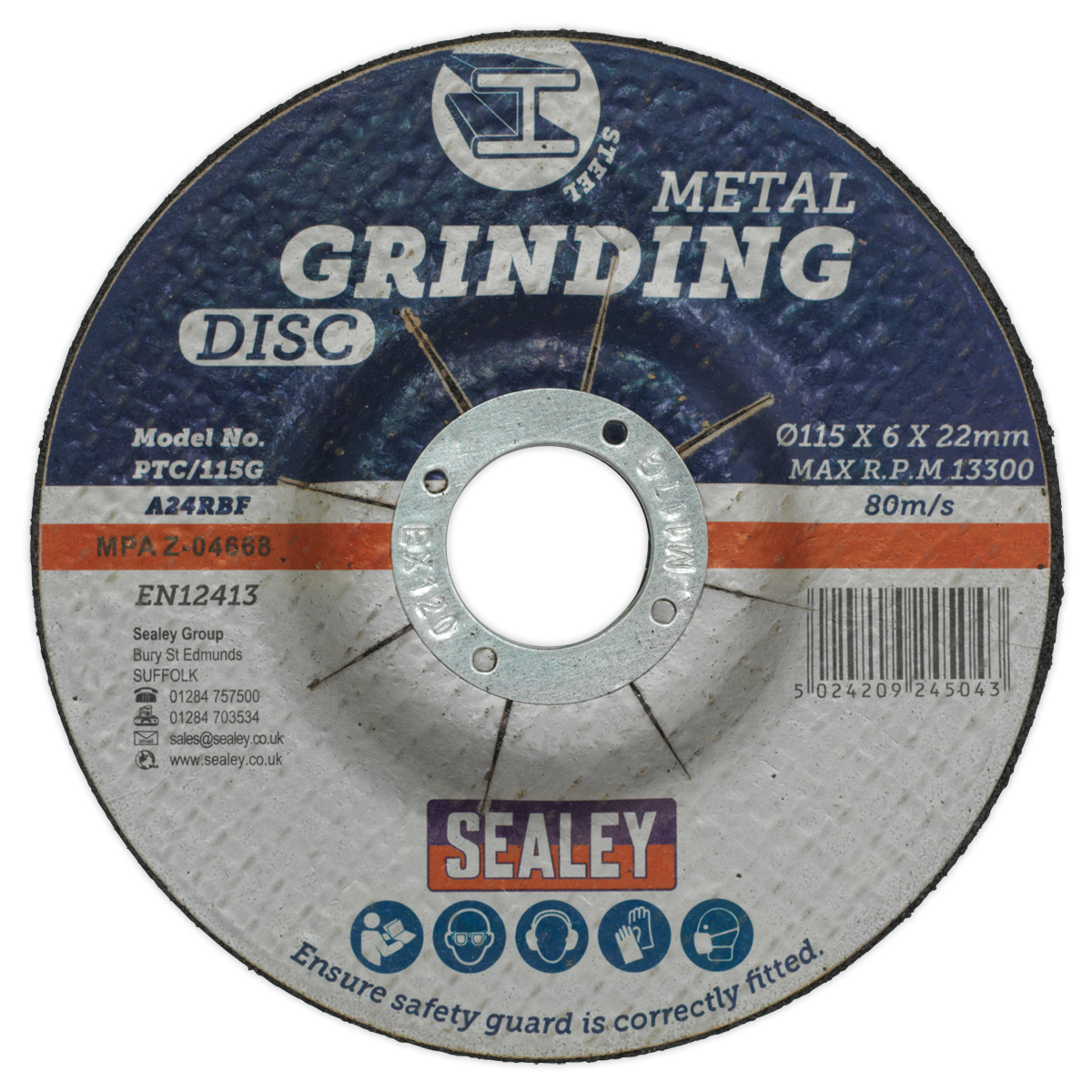 Sealey Grinding Disc Ø115 x 6mm 22mm Bore Aluminium Oxide Depressed PTC/115G