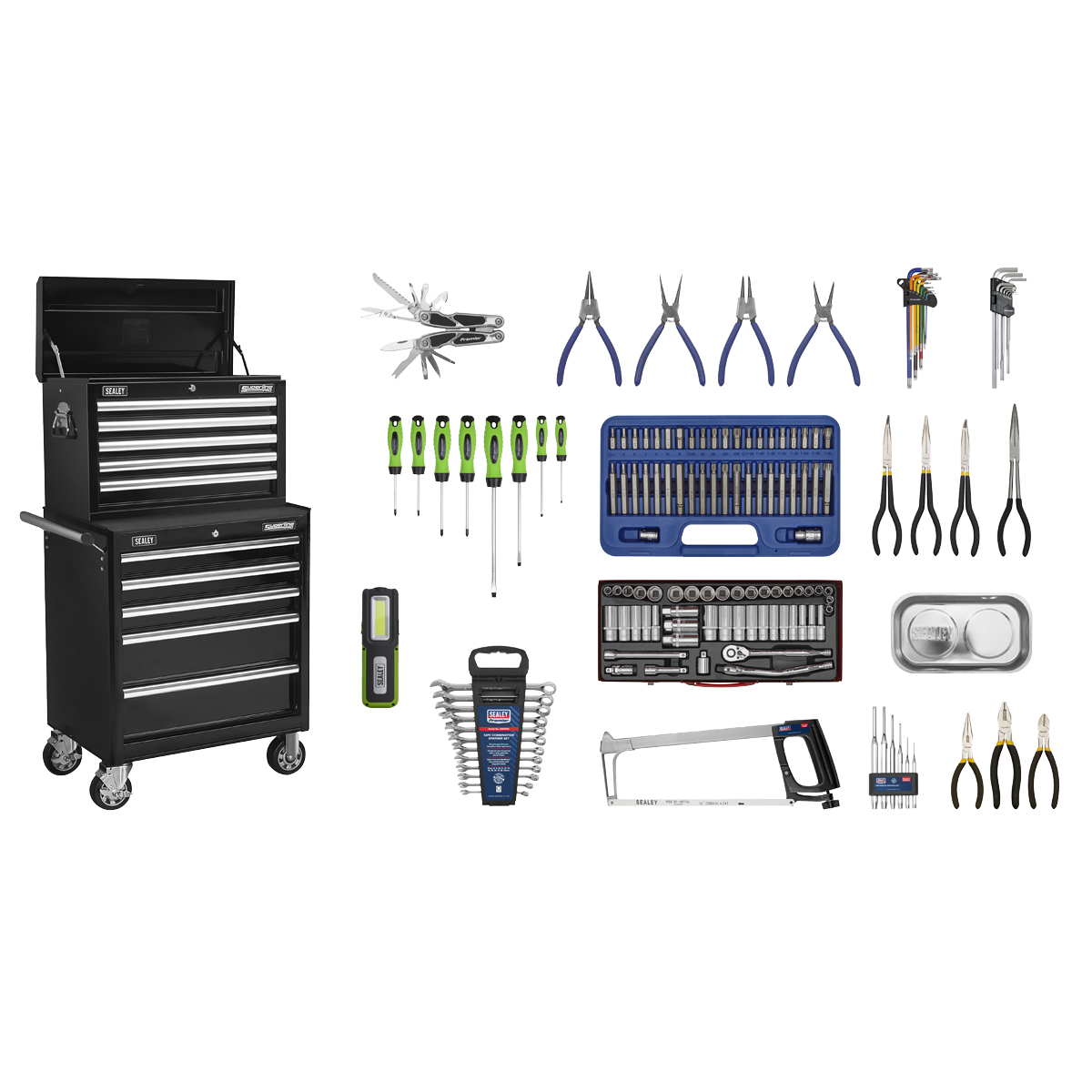 Sealey 146 Pieces 10 Drawers Topchest & Rollcab Tool Kit - Black APCOMBOBBTK56
