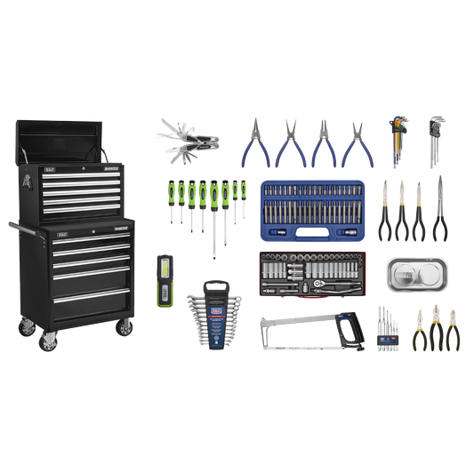 Sealey 146 Pieces 10 Drawers Topchest & Rollcab Tool Kit - Black APCOMBOBBTK56