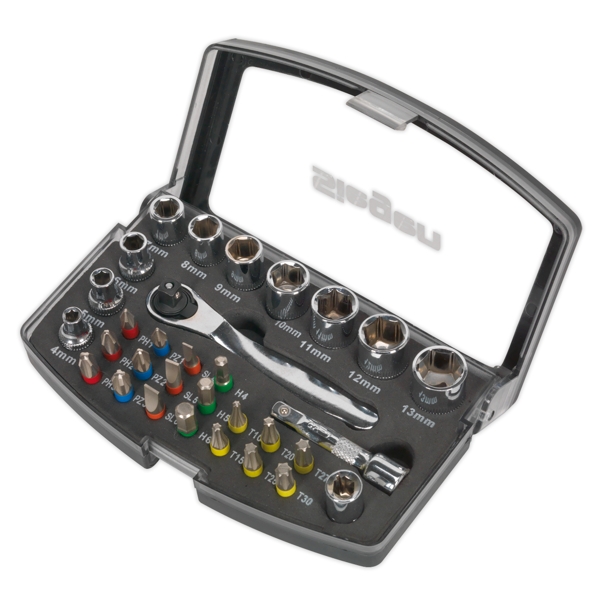Sealey 31 Pieces 1/4" Square Drive Socket & Colour-Coded Bit Set Tool S01036