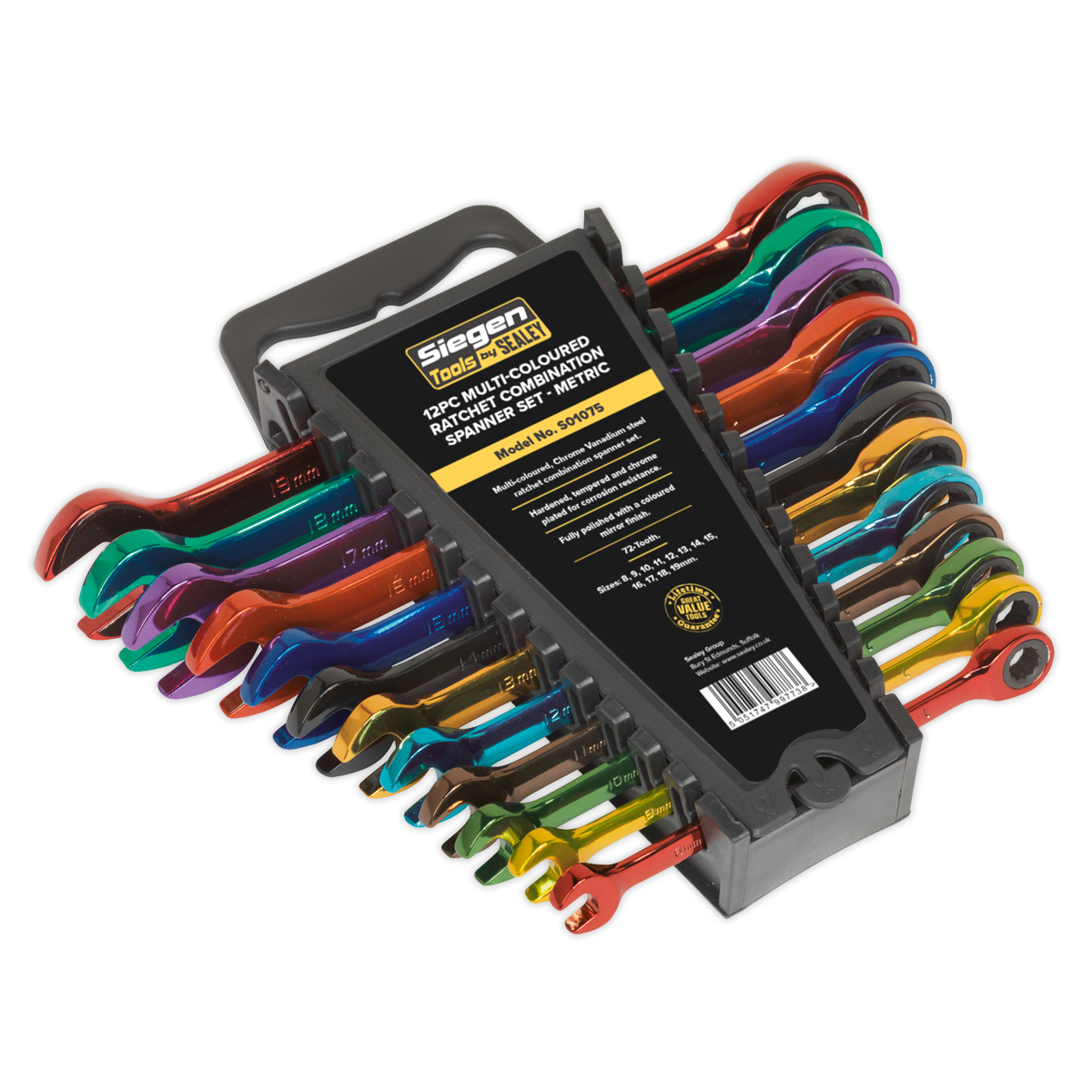 Sealey Ratchet Combi Spanner Set 12 Pieces Multi-Coloured Metric 72 Teeth S01075