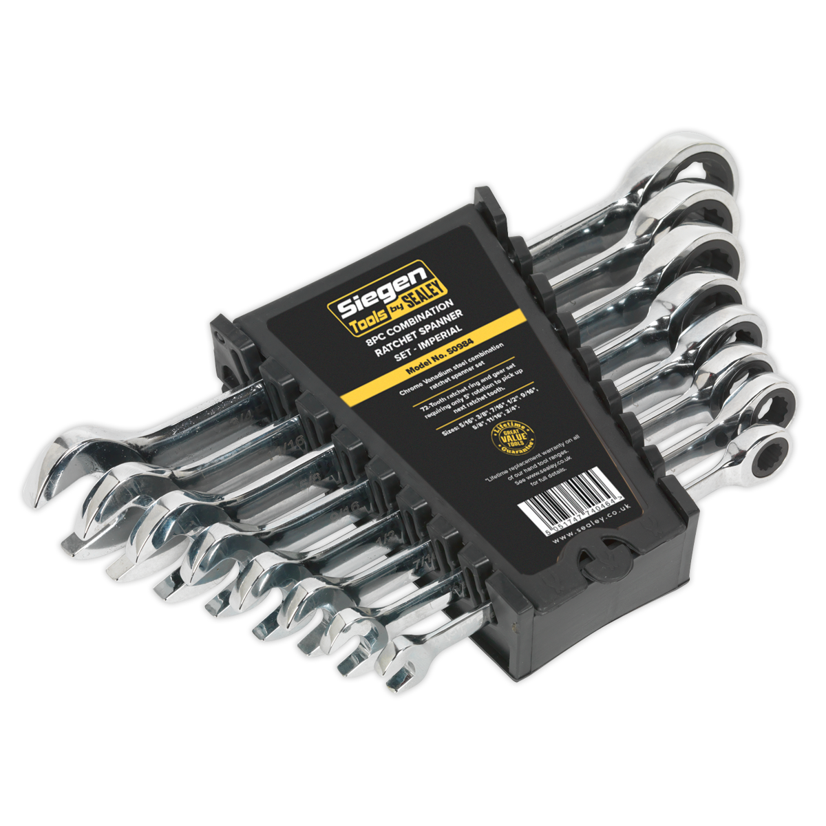 Sealey Combination Ratchet Spanner Set 8Pc Imperial Chrome Vanadium Steel S0984