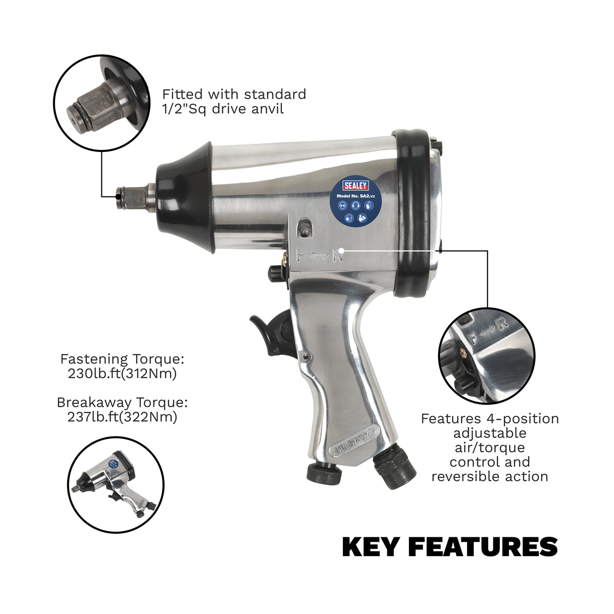 Sealey 1/2" Square Drive Air Impact Wrench Adjustable Air/Torque Control SA2