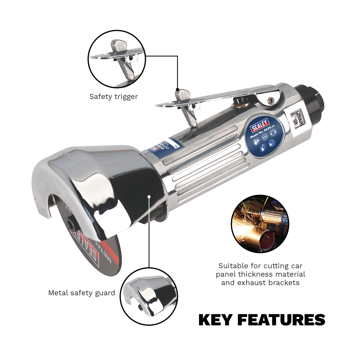 Sealey Air Rotary Cut-Off Tool With Metal Safety Guard Ø75mm Silver SA25