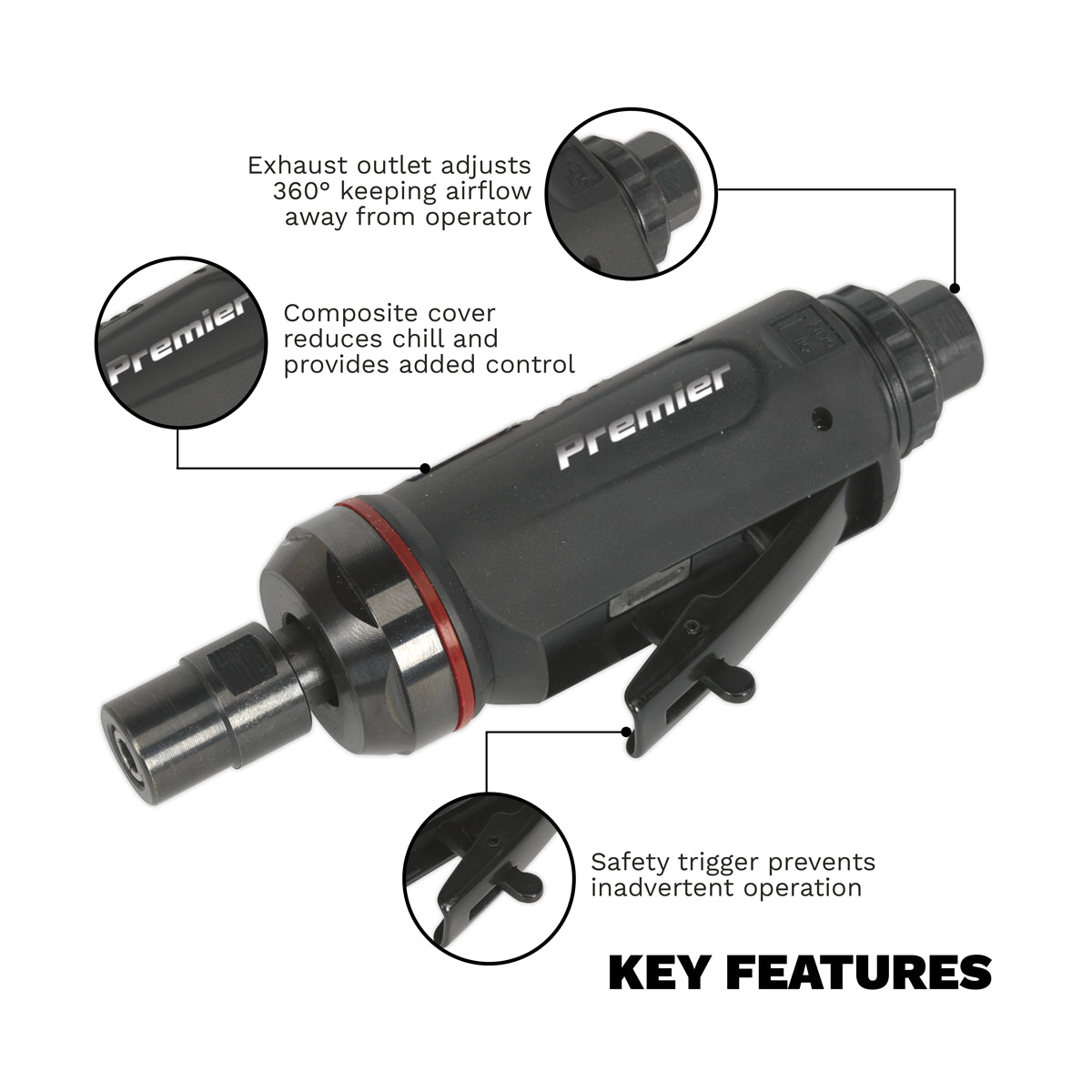 Sealey Straight Air Die Grinder Midi Size With Aluminium Alloy Housing SA652