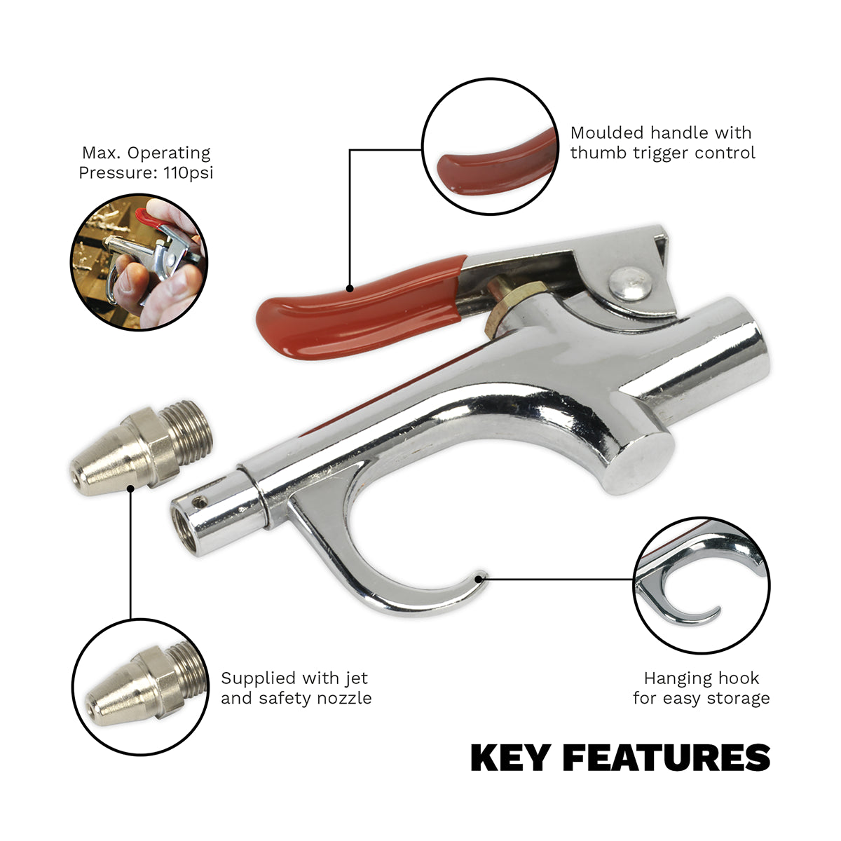 Sealey Air Blow Gun Palm Type With 1/4" BSP Air Inlet & Safety Nozzle SA913