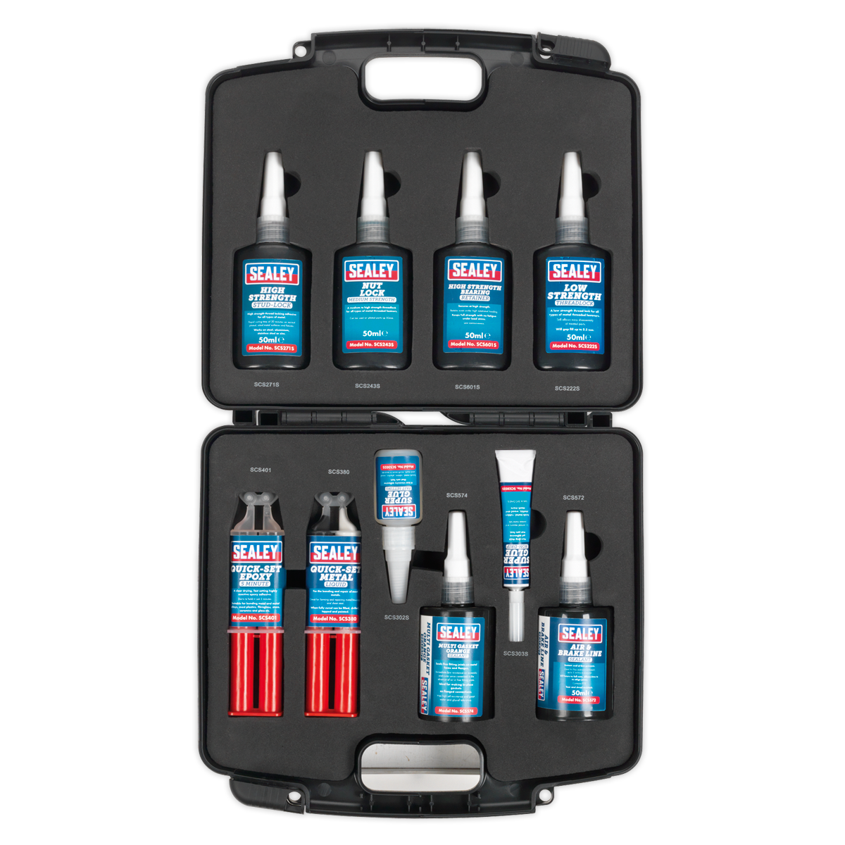 Sealey Adhesive & Sealant Kit With Thread Nut & Stud Lock 10 Pieces SCSKIT1