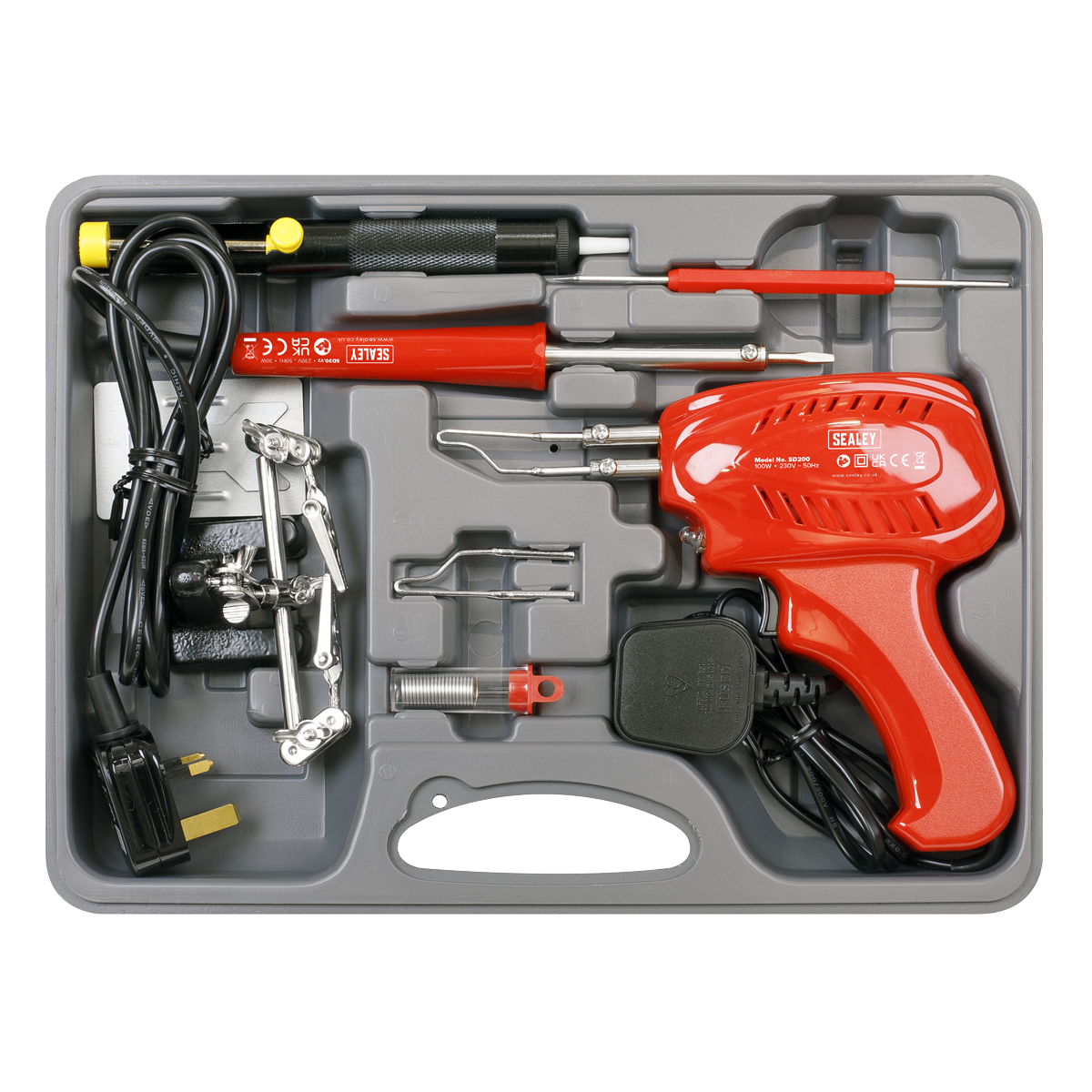 Sealey Soldering Gun Iron Kit 8 Pieces 3-Pin Plug Hand Tool With Case SD300K