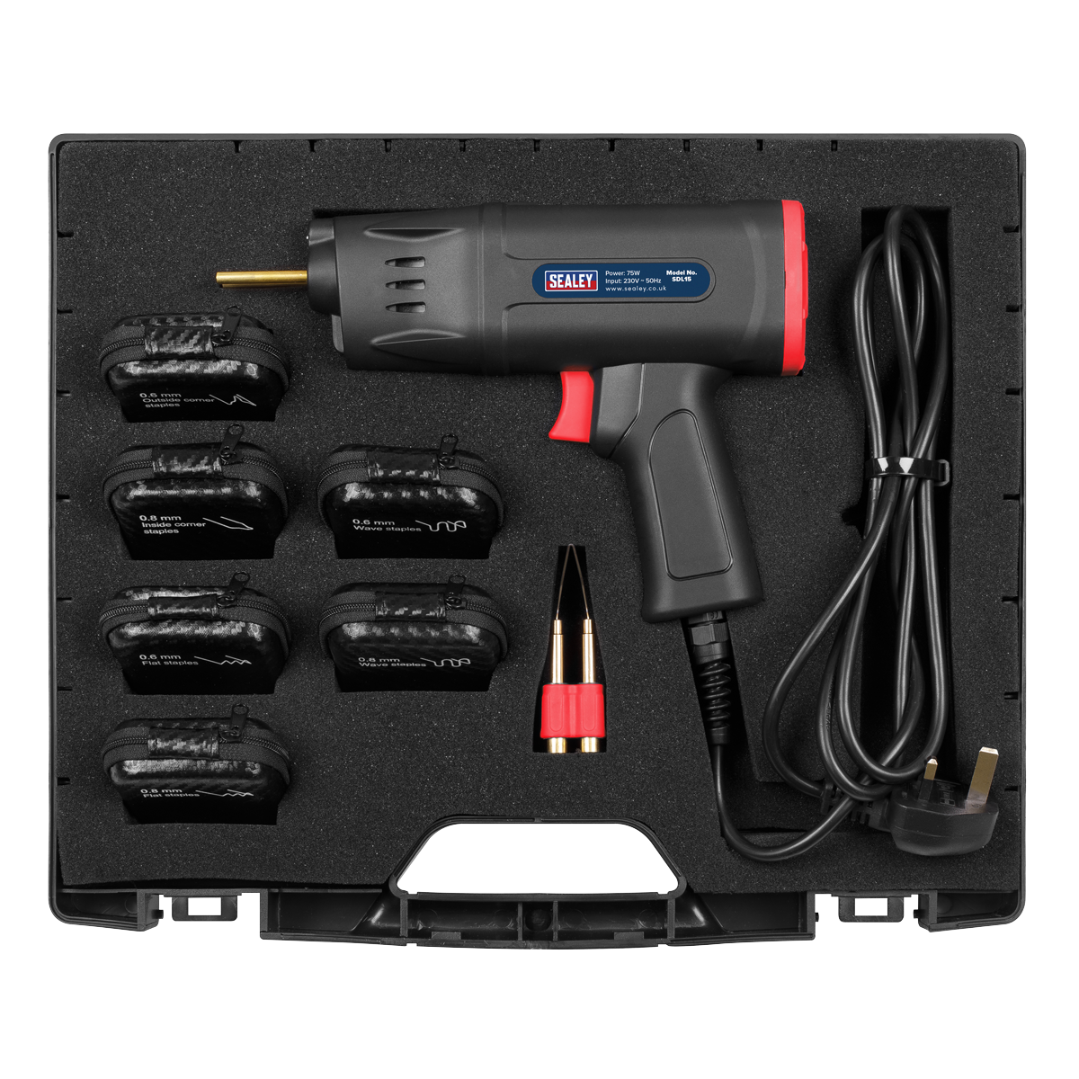 Sealey Plastic Welding Repair Kit 75W 300 Staples 0.6mm 0.8mm Flat Wave SDL15