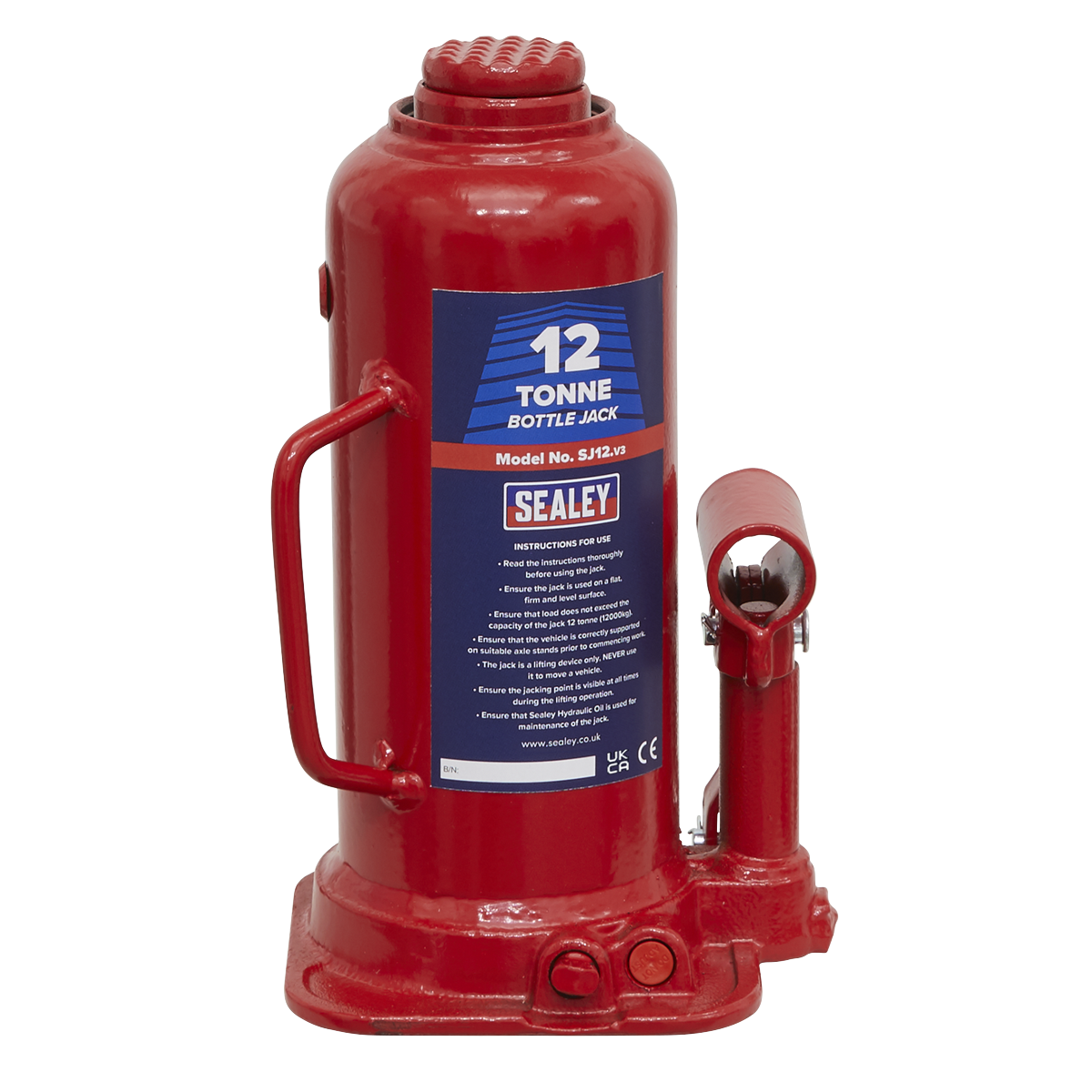Sealey Bottle Jack Lift With Overload Valve & 2-Piece Handle 12 Tonne SJ12