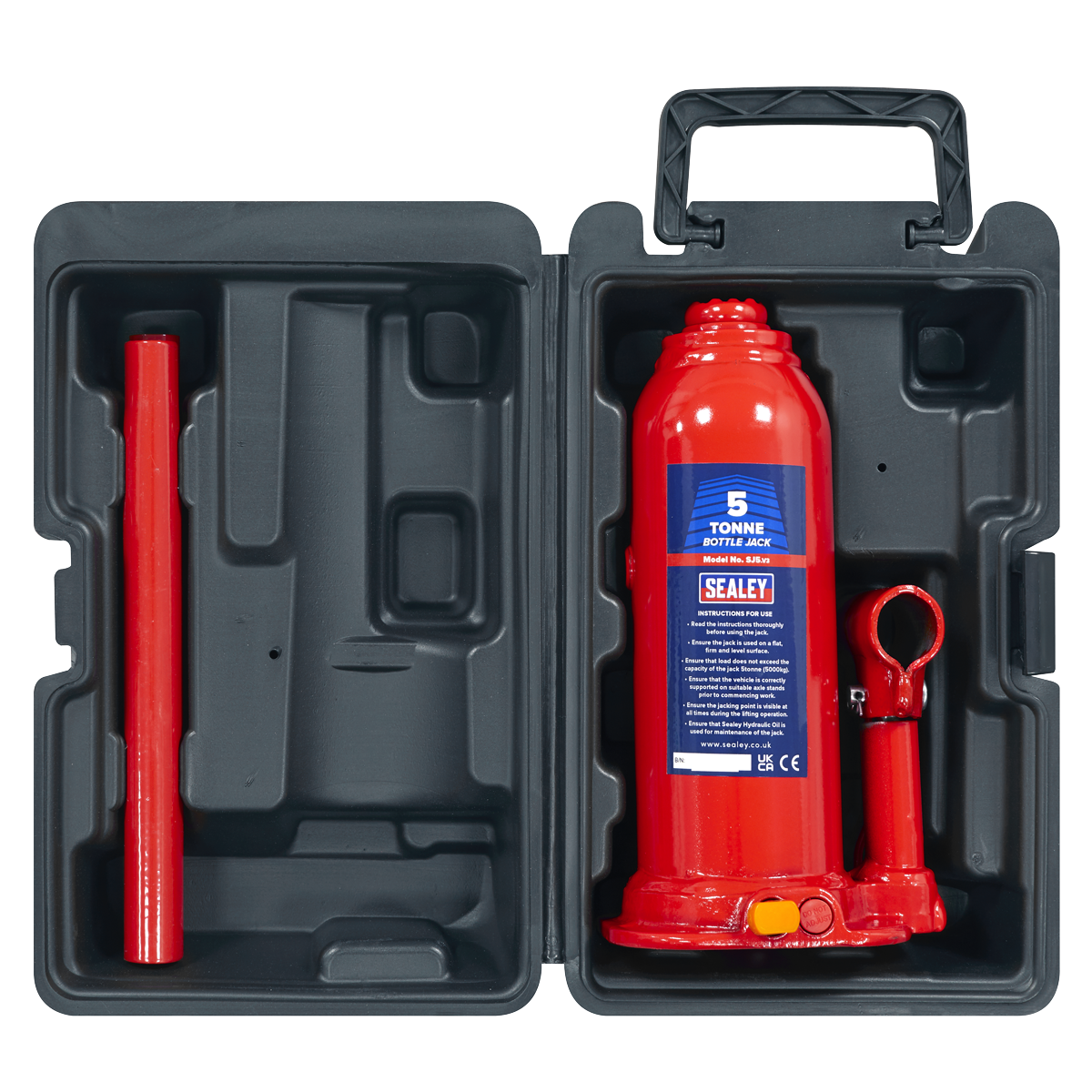 Sealey Bottle Jack 5 Tonne With Carry-Case & 2-Piece Handle Red Tool SJ5BMC