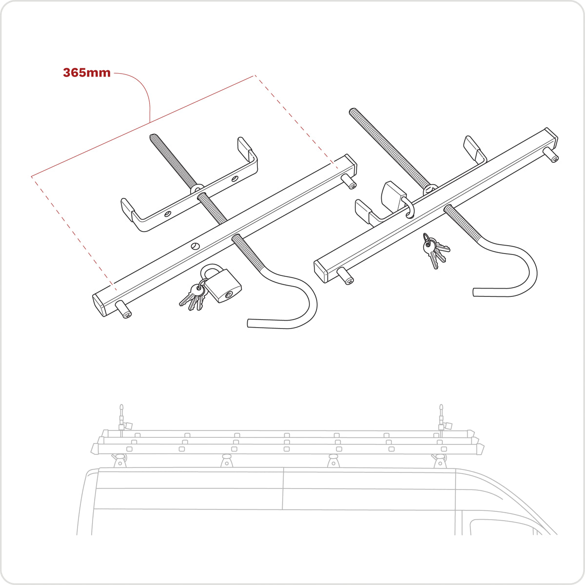 Sealey Ladder Roof Rack Clamps 365mm Width 2 Heavy Duty Iron Padlocks SLC2