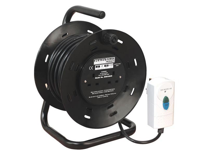 Sealey Cable Reel Extension 25 Metres With RCD Plug 2x 230V Sockets BCR25RCD