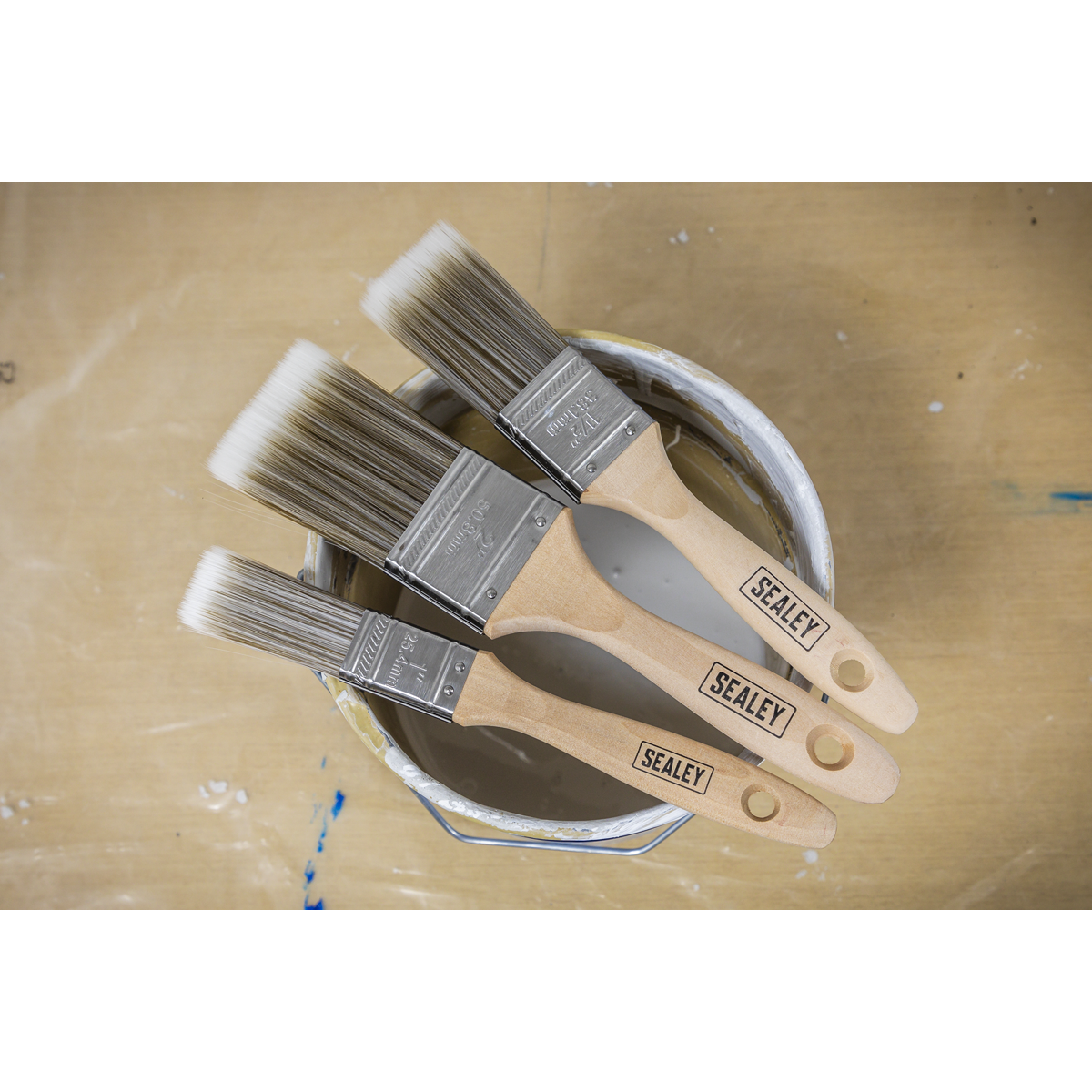 Sealey Wooden Handle Paint Brush Set Synthetic Filaments 3 Pieces SPBS3W