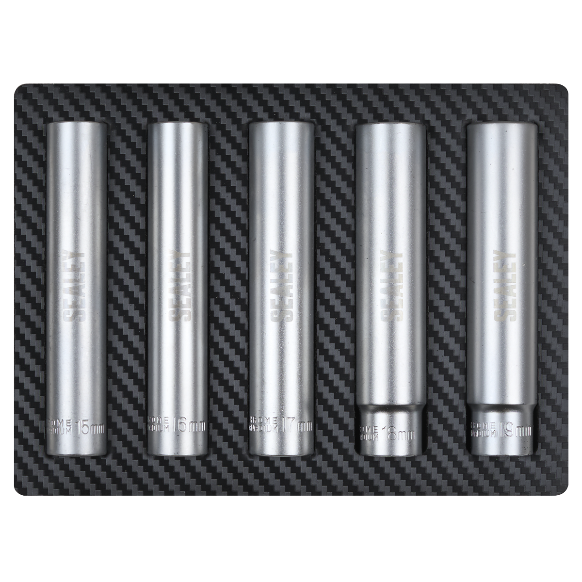 Sealey Extra-Deep Socket Set 15 16 17 18 19mm 5 Pieces 3/8" Square Drive SX1519