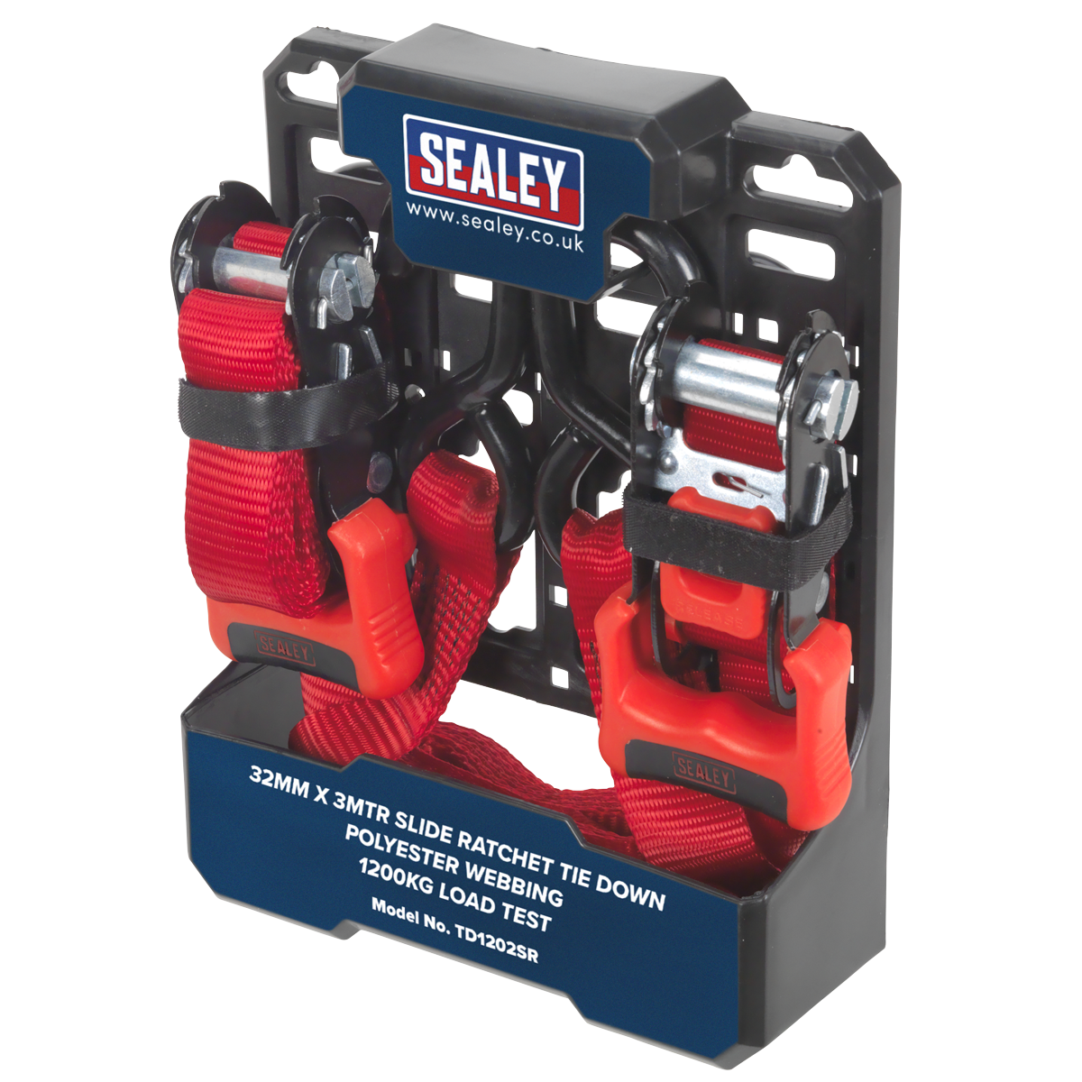 Sealey Slide Ratchet Tie Down 32mm 3m Polyester Webbing S Hooks 1200kg TD1202SR