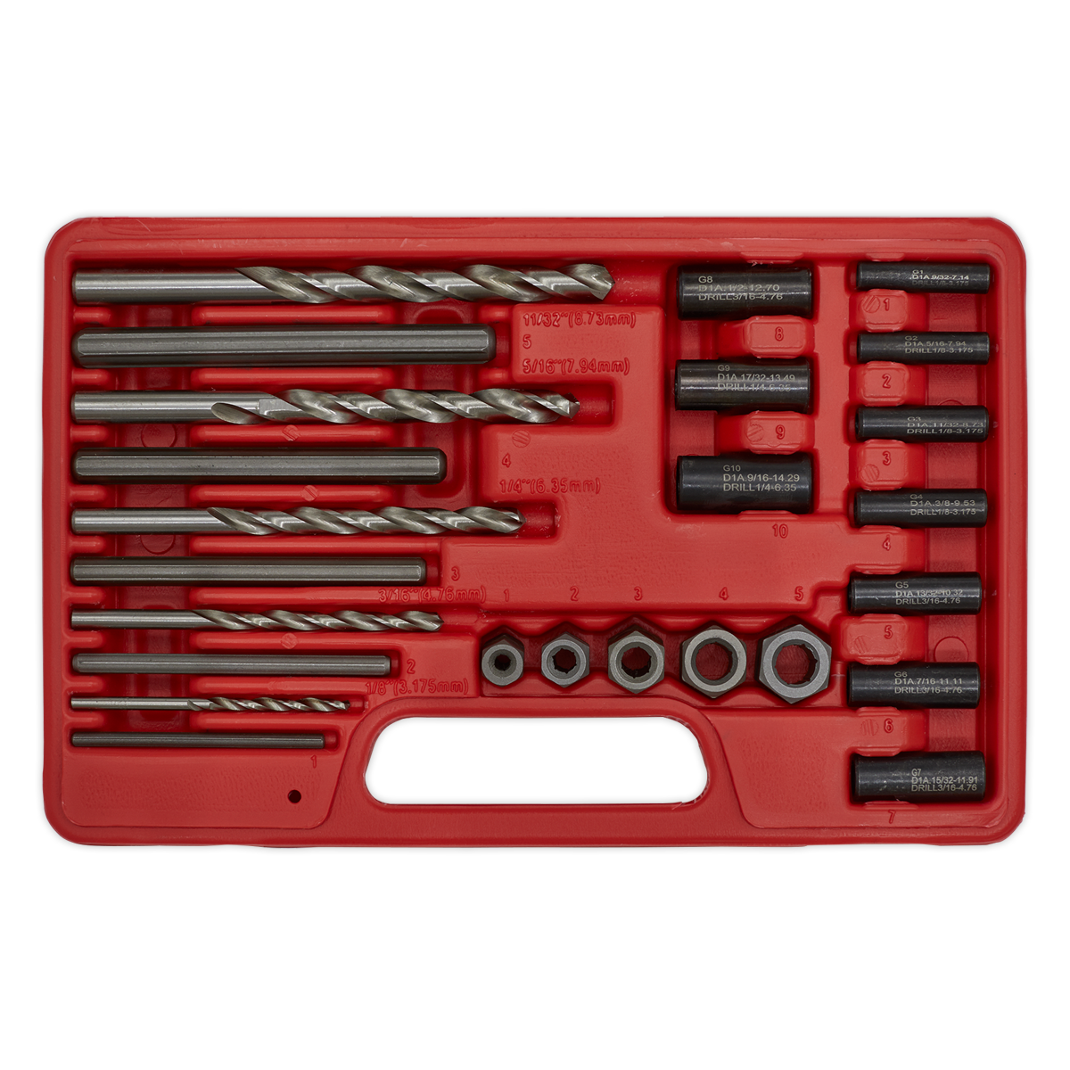 Sealey Stud Extractor Set With Centring Pilots For Ø4.75-9.5mm Studs 25pc VS7233