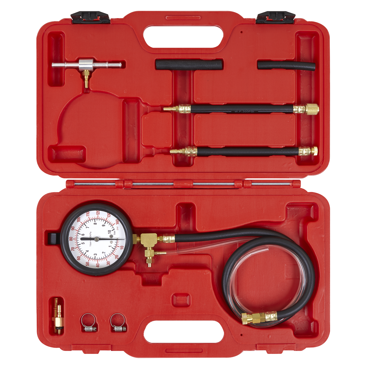 Sealey Fuel Injection Pressure Test Kit Adaptors & Fittings With Gauge VSE211