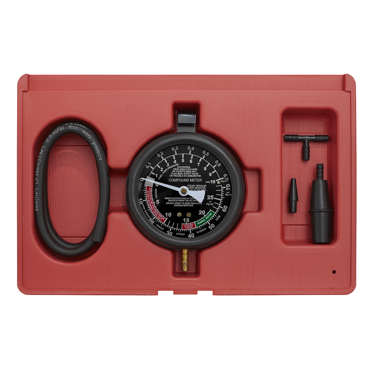 Sealey Vacuum & Fuel Pump Pressure Test Gauge Set Long Flexible Hose VSE952