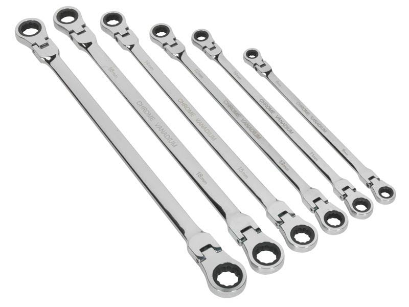 Sealey Flexi-Head Double End Ratchet Ring Spanner Set 6 Pcs Extra-Long AK63832