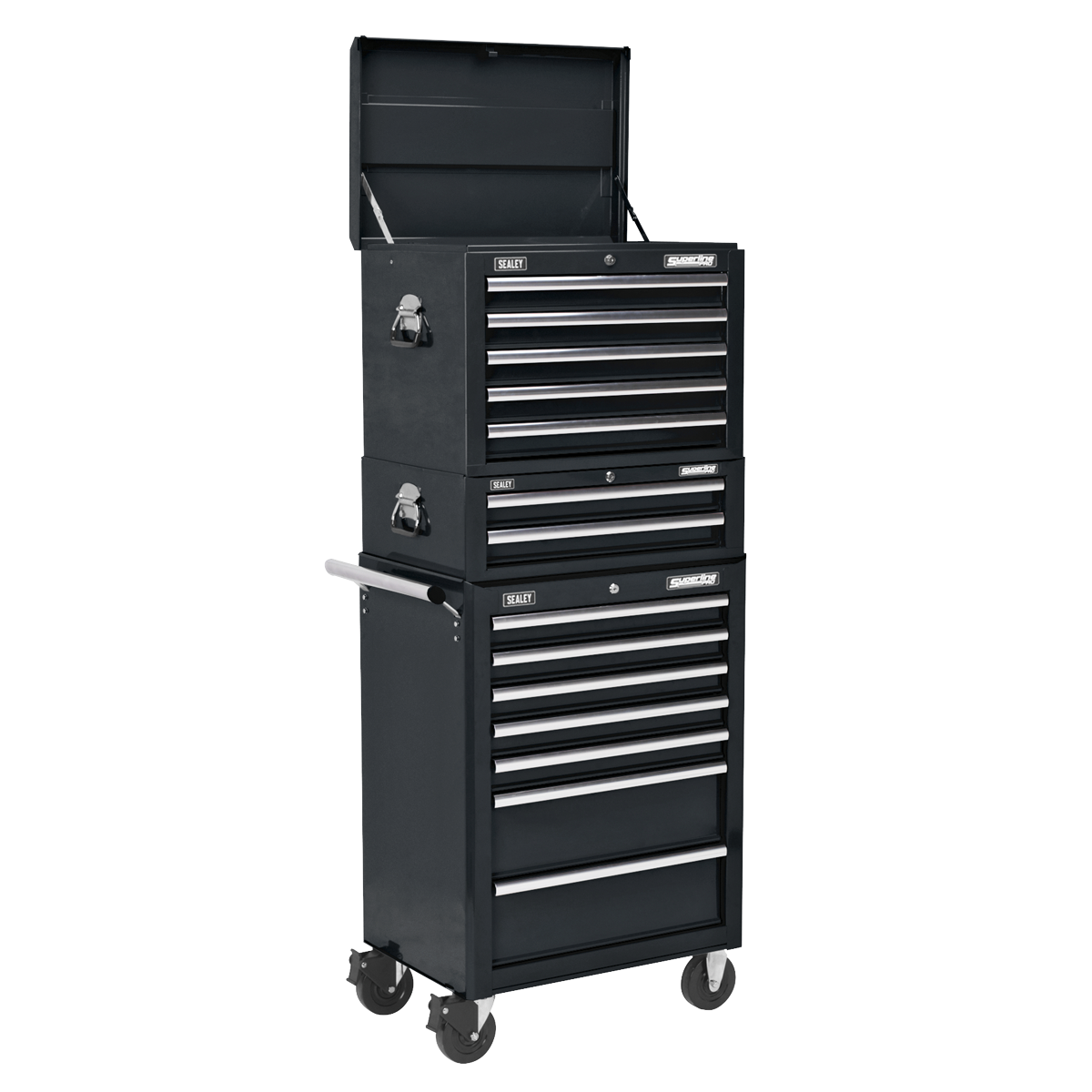 Sealey 14 Drawers Topchest Mid-Box Rollcab Ball Bearing Slides Black APSTACKTB