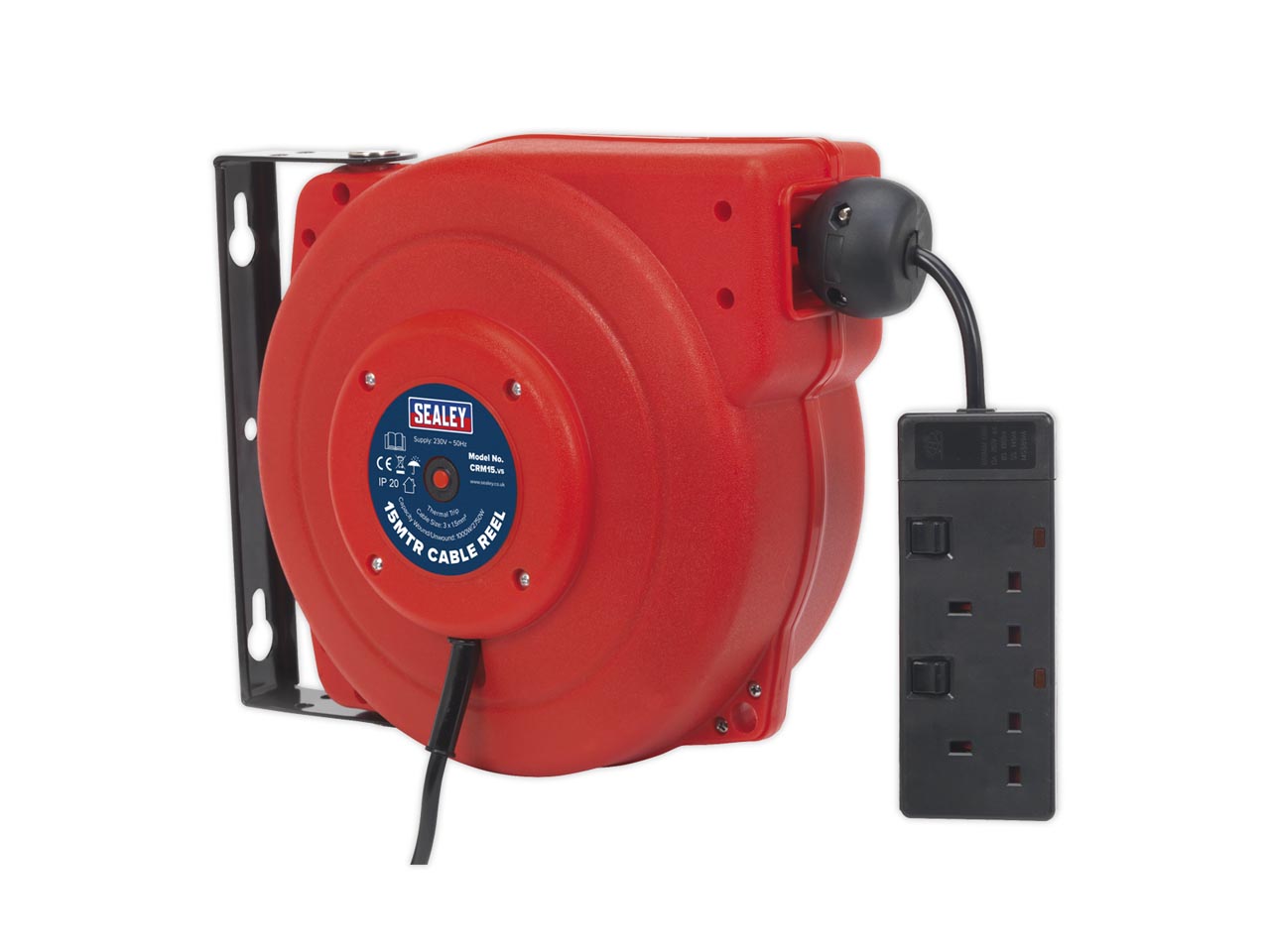 Sealey Cable Reel Extension System Retractable 15 Metres 2x 230V Socket CRM15