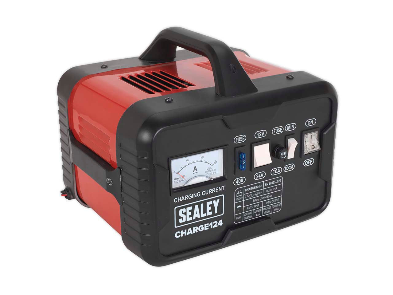 Sealey Battery Charger 28A 12V 24V 30V Steel Case Sturdy Carry Handle CHARGE124