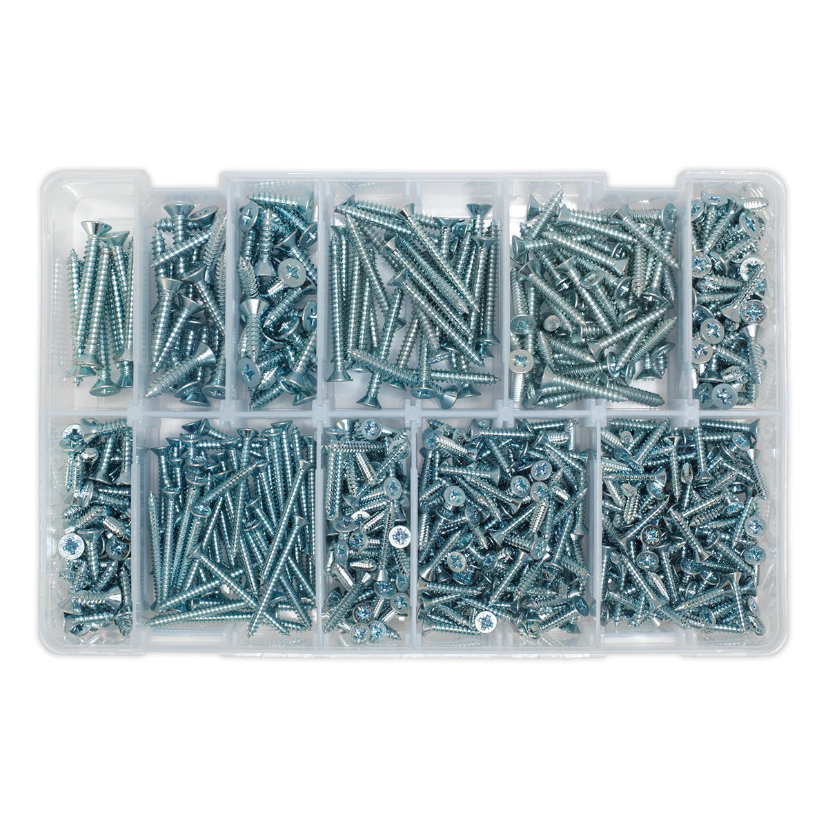 Sealey Self Tapping Screw Assorted 600 Pieces Countersunk Pozi Zinc DIN 7982