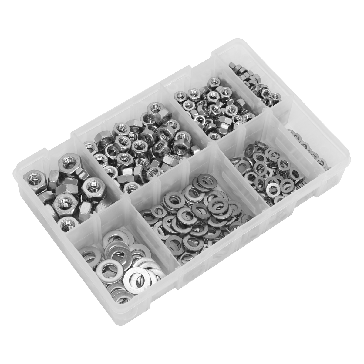 Sealey Stainless Steel Nut & Washer Assortment 500 Pieces + Box M5-M10 AB077NW