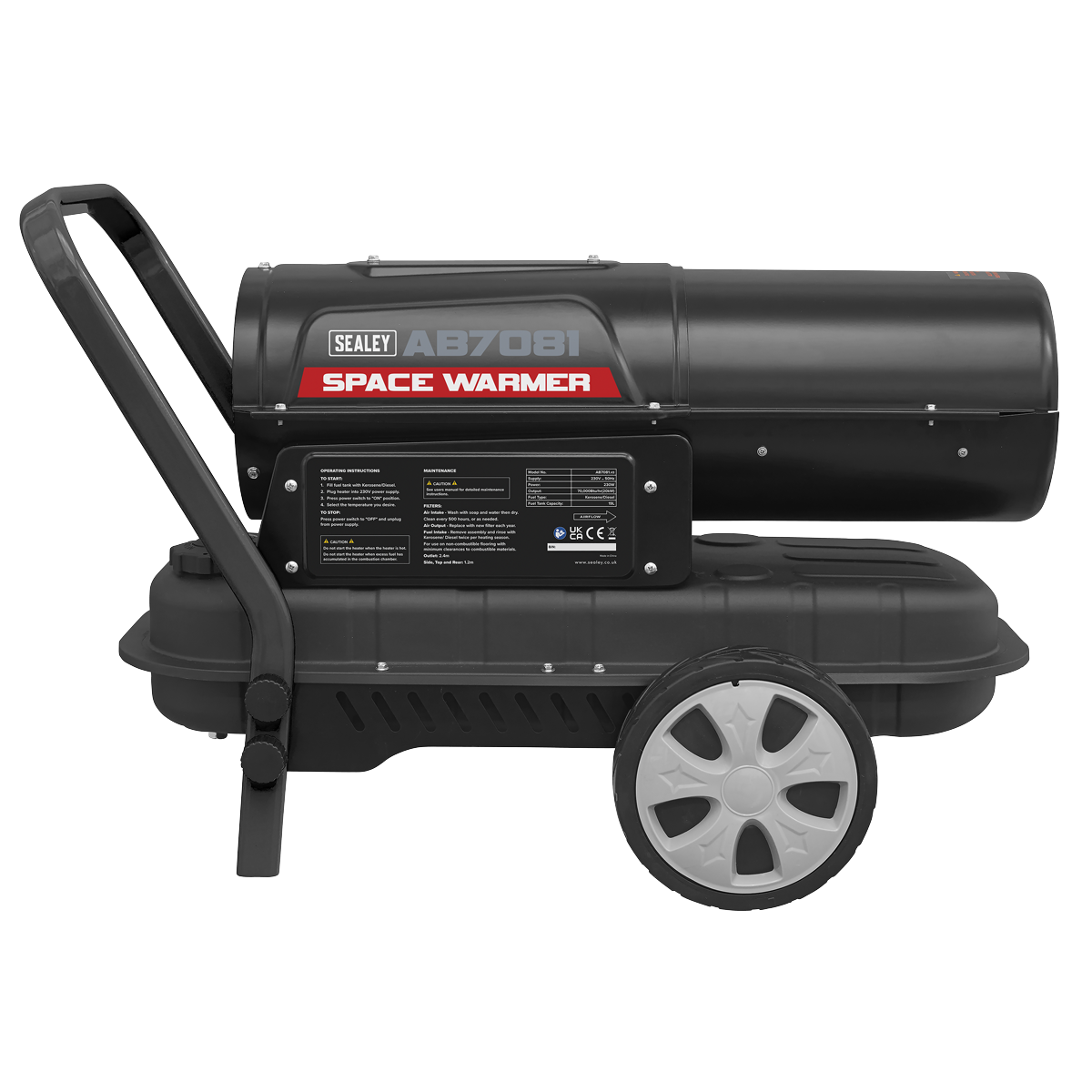 Sealey Space Warmer Paraffin/Kerosene/Diesel With Wheels 70.000BTU/HR AB7081