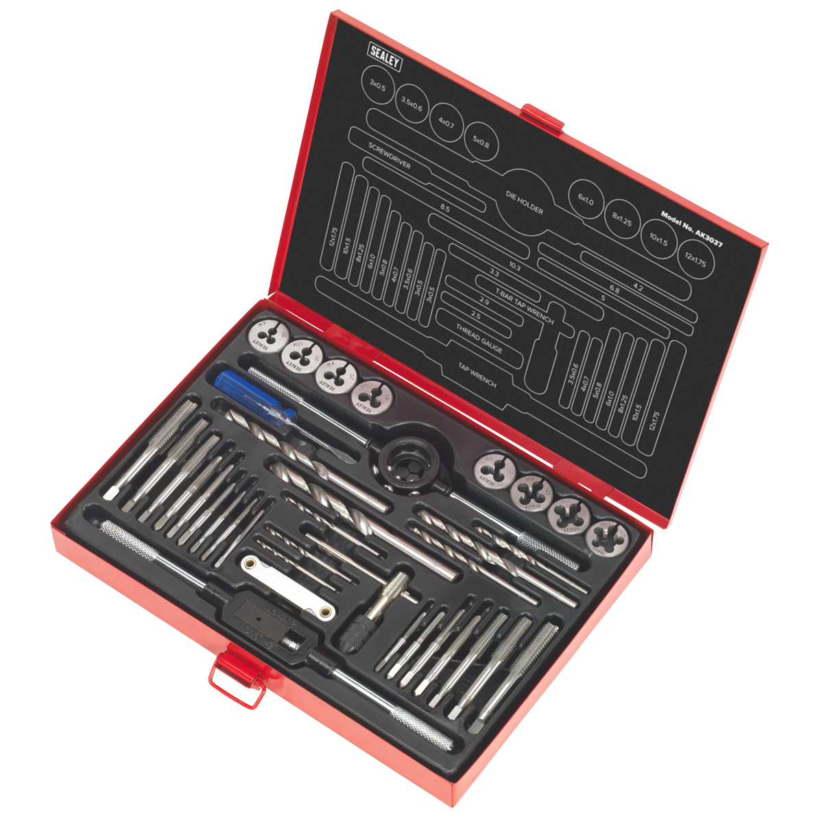 Sealey Tap & Die Set 37 Pieces Split Dies Metric High Carbon Steel Tool AK3037