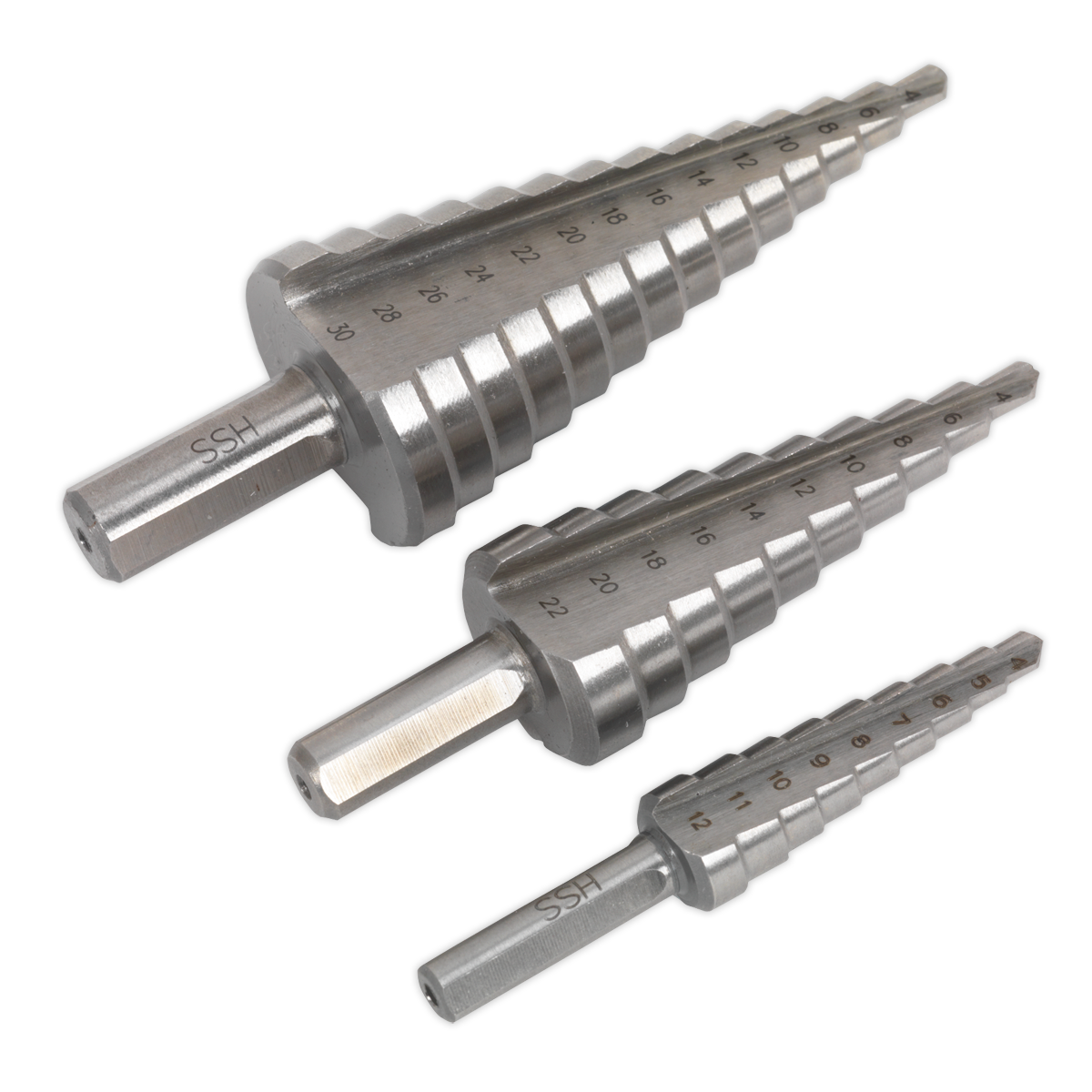 Sealey High-Speed Double Straight Flute M2 Step Drill Bit Set 3 Pieces AK4733