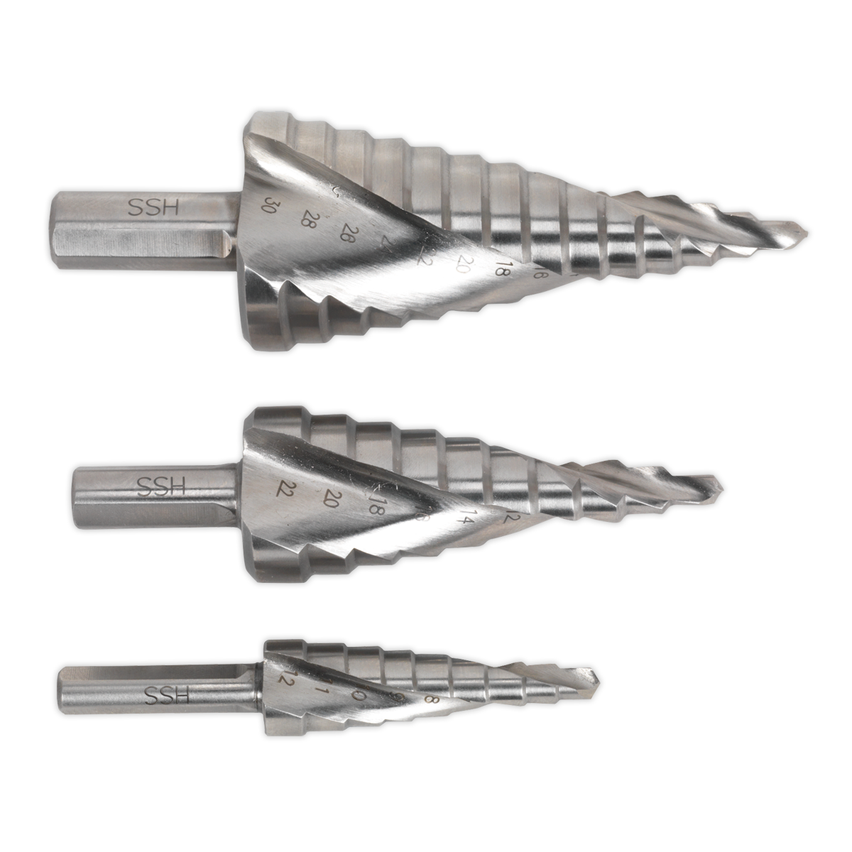 Sealey HSS 4341 Step Drill Bit Set Spiral Flute 3pc In Flip-Up Metal Case AK4749