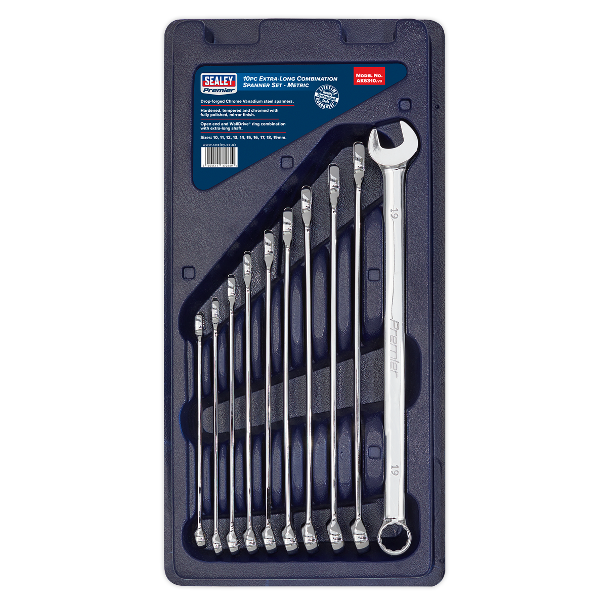 Sealey Combi Spanner Set 10 Pcs Extra-Long Metric Chrome Vanadium Steel AK6310