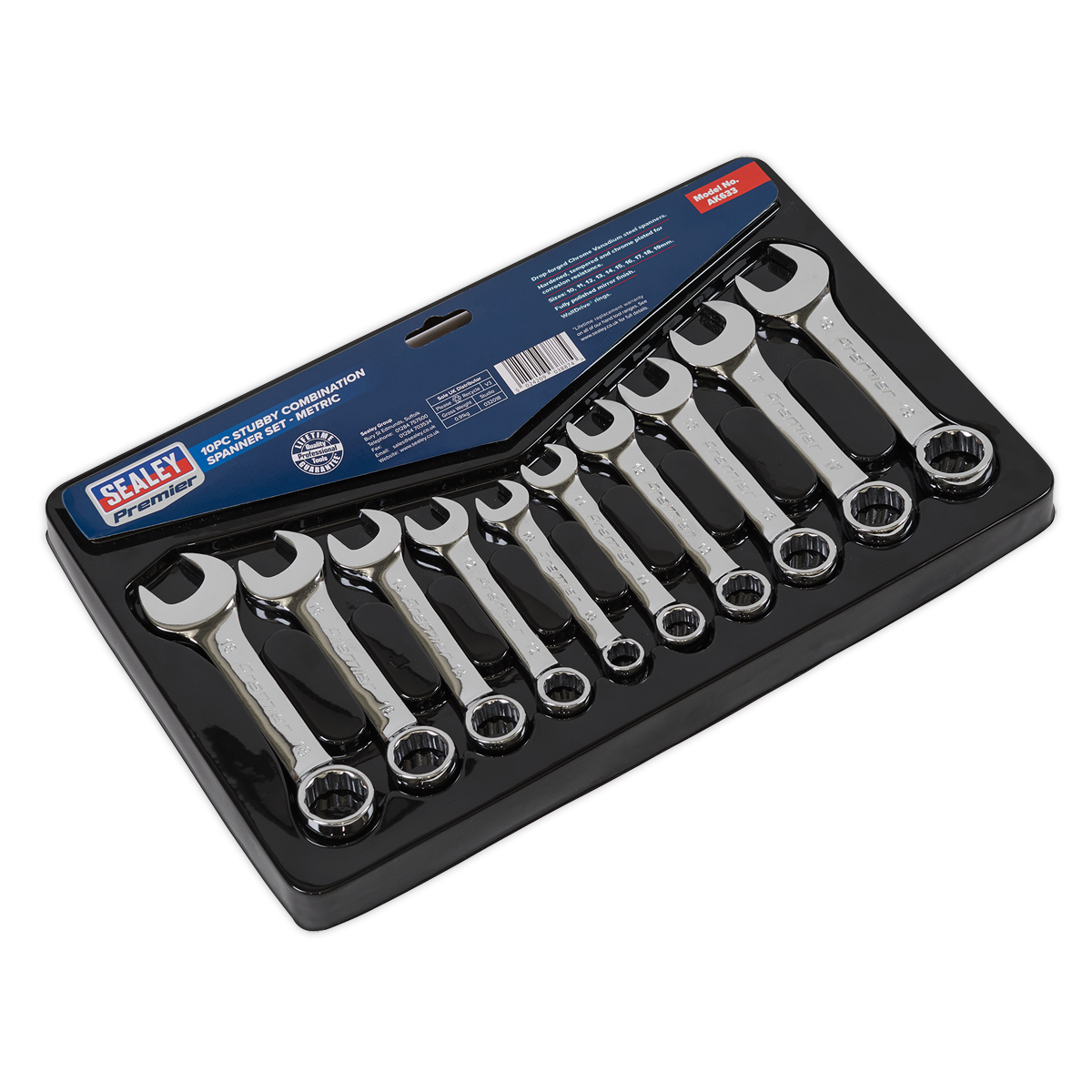 Sealey Combi Spanner Set 10 Pieces Stubby Metric Chrome Vanadium Steel AK633