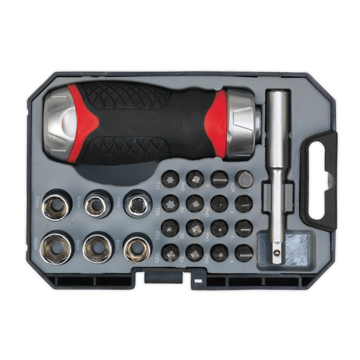Sealey Fine Tooth Ratchet Screwdriver & Accessory Set 24 Pieces Stubby AK64906