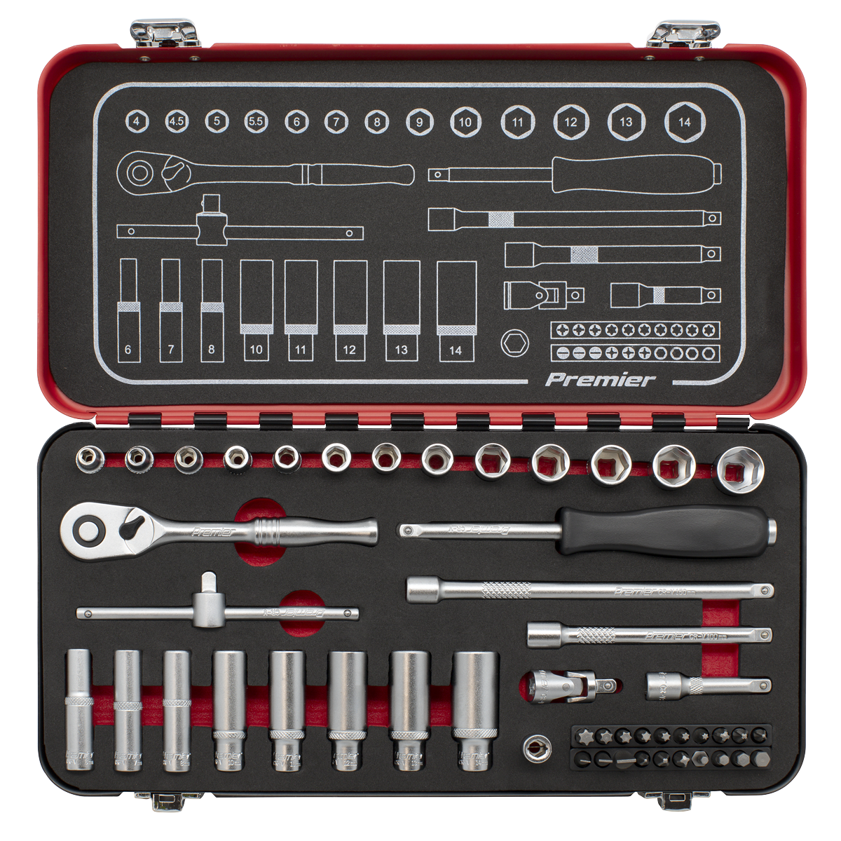 Premier Platinum Socket Set 49 Pieces 1/4" Square Drive Chrome Vanadium Steel