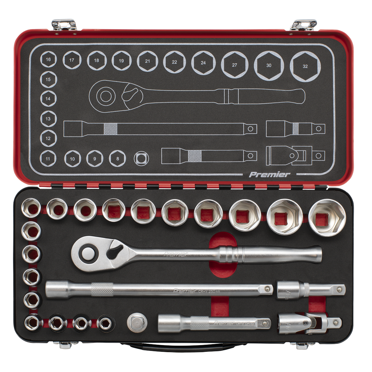 Premier Platinum Socket Set 1/2" Square Drive 24 Pieces 90-Tooth Ratchet + Case