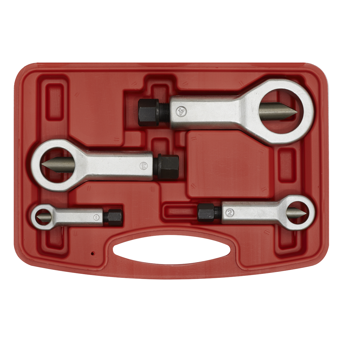 Sealey Nut Splitter Set Hardened Steel & Forged Grips 4 Pieces Storage Box AK85