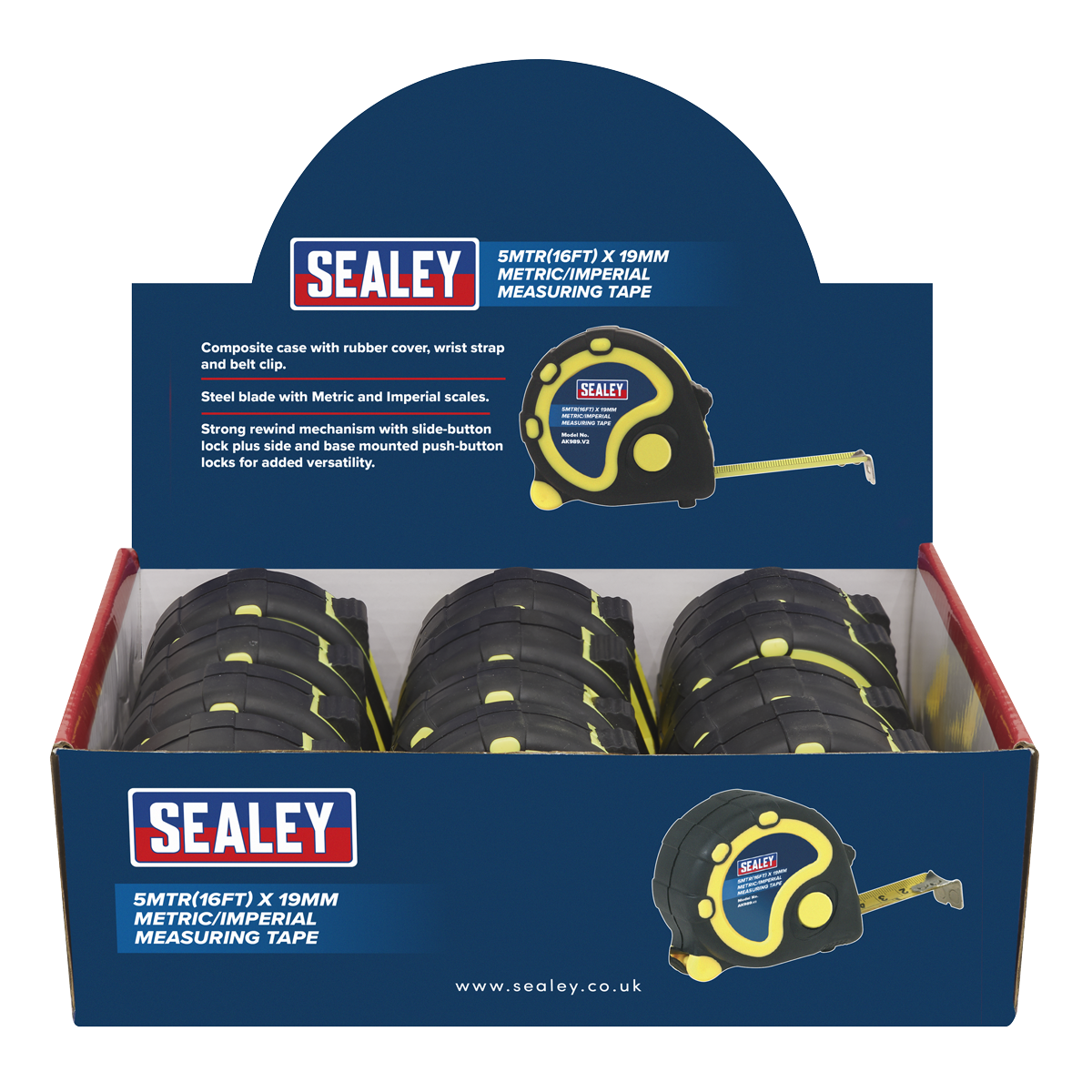 Sealey Rubber Measuring Tape 5mtr(16ft) x 19mm Metric/Imperial Box of 12 AK98912