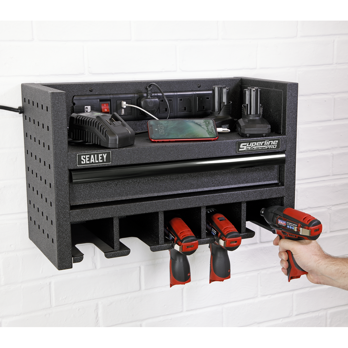 Sealey Power Tool Storage Rack With Drawer & Power Strip - Black AP22SRBE