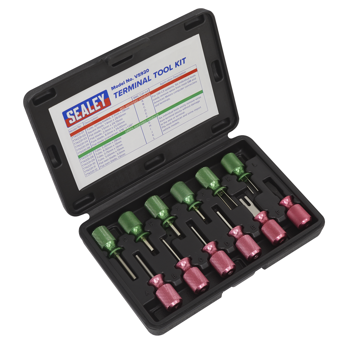 Sealey Terminal Tool Kit 12 Pieces Connector Removal Set Aluminium Handles VS920