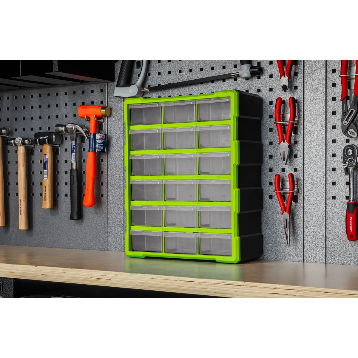 Sealey Cabinet Box 18 Drawer Wall Mountable - Hi-Vis Green/Black APDC18HV