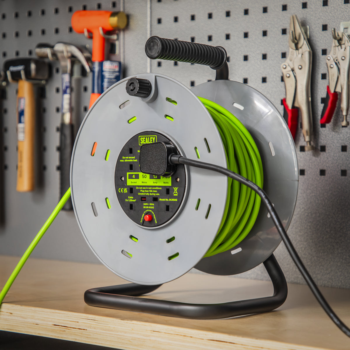 Sealey Cable Reel With Thermal Trip 4x 230V Sockets 50m Portable Durable Green