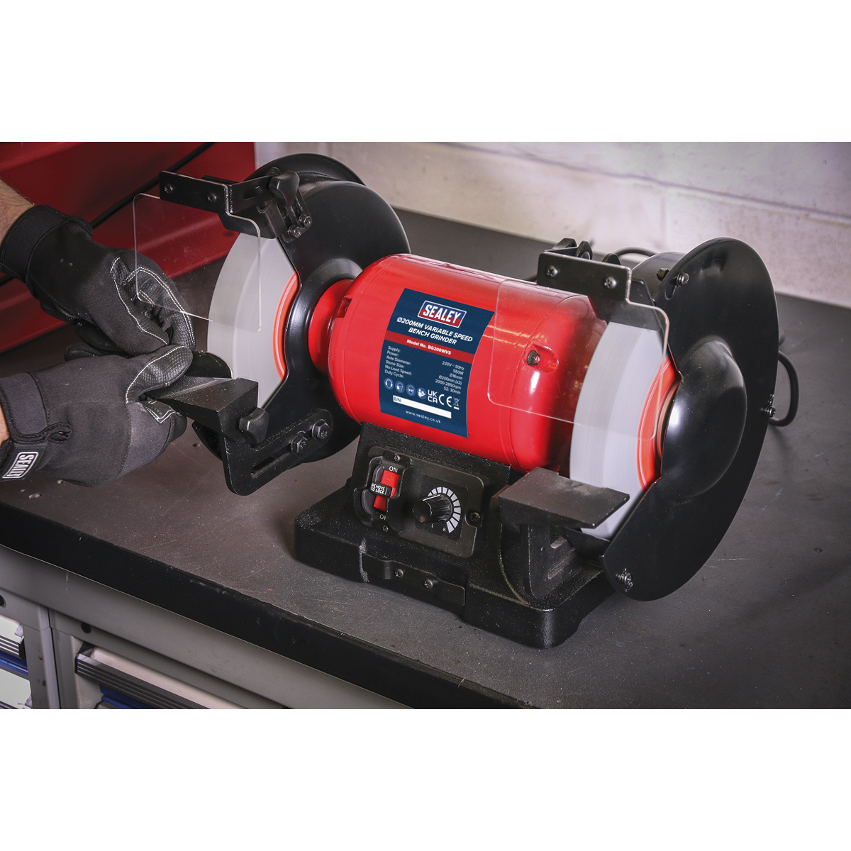 Sealey Bench Grinder With Stone Guards Attached 200mm Variable Speed BG200WVS